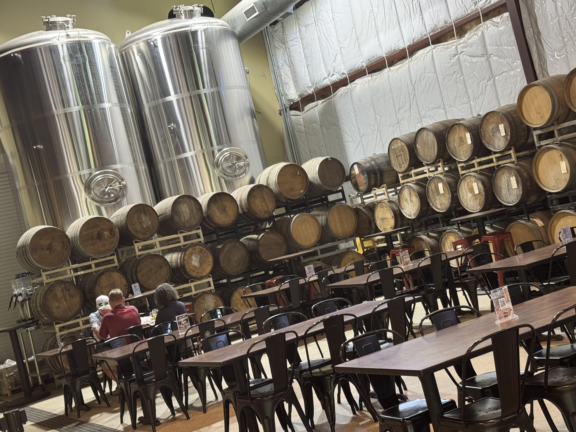 Barrel room and taproom at a craft brewery in downtown Conroe, Texas