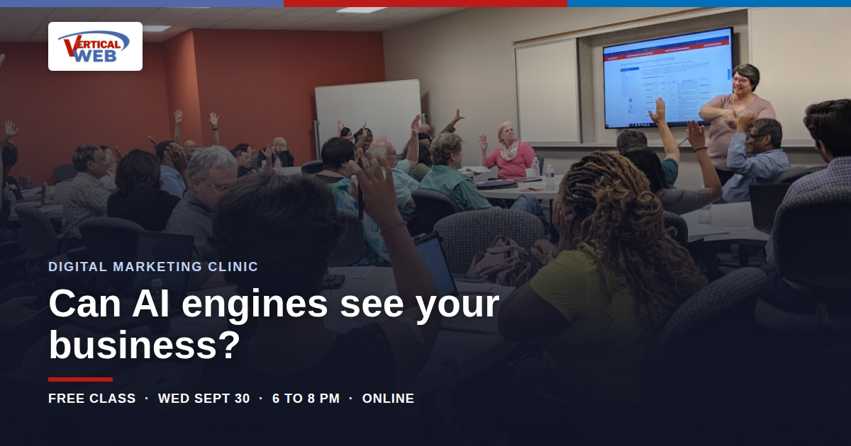 Students raising their hands during a Vertical Web digital marketing class while the instructor presents at a screen.