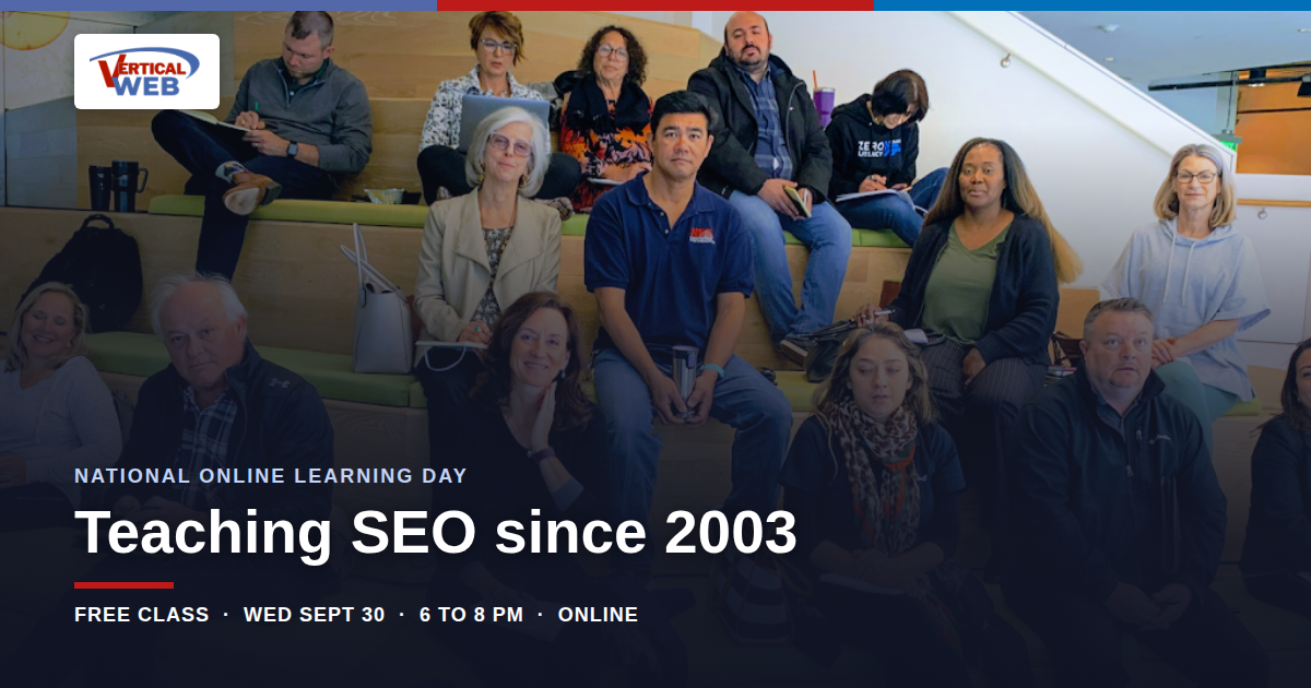 Adults taking notes during a Vertical Web digital marketing class, with details for the free September 30 online class.