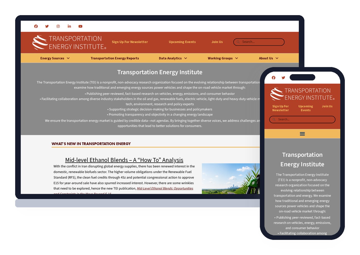 The Transportation Energy Institute WordPress website on a laptop and a phone, with research reports, data analytics and working groups