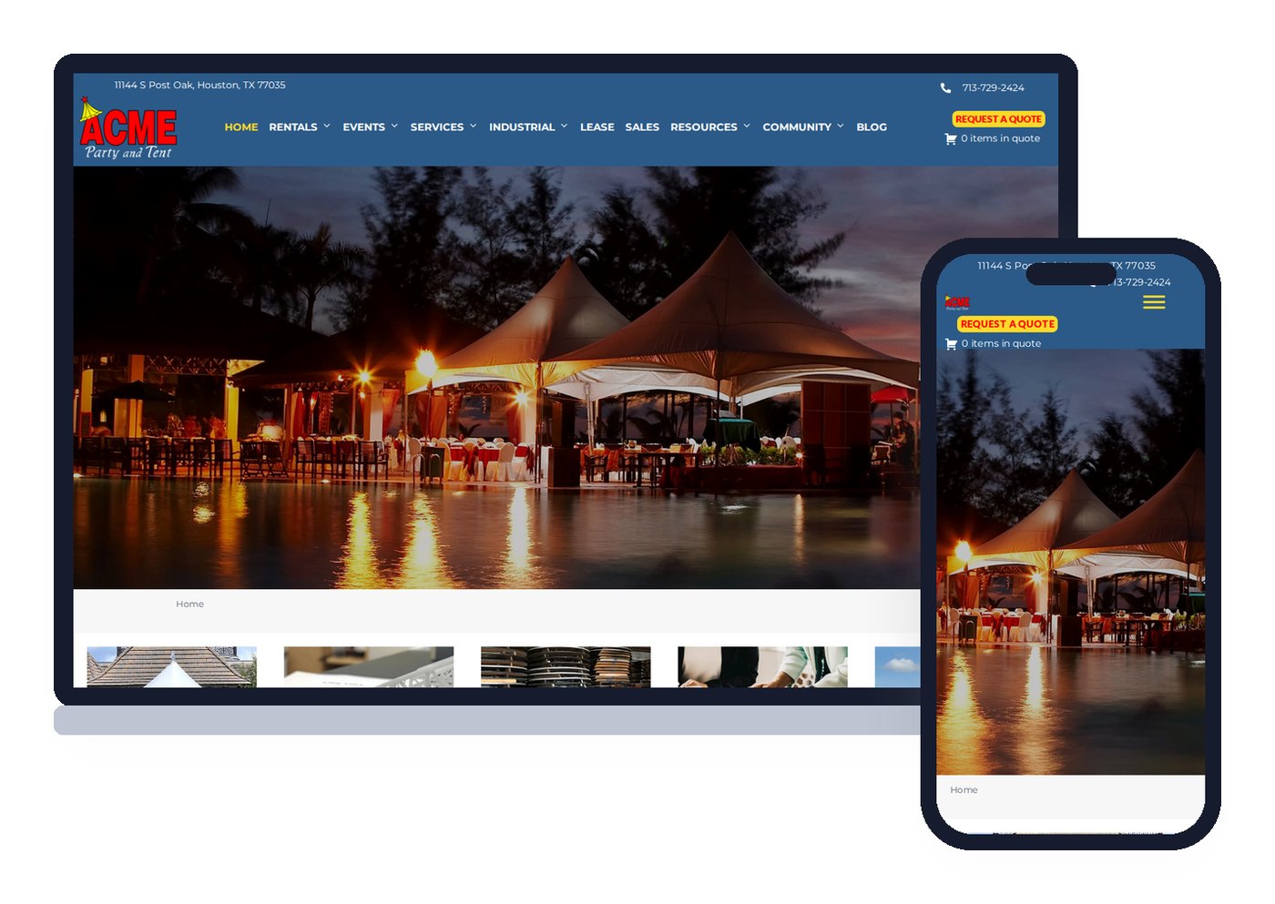 The ACME Party and Tent website on a laptop and a phone, with a custom WooCommerce quote cart and Request a Quote button