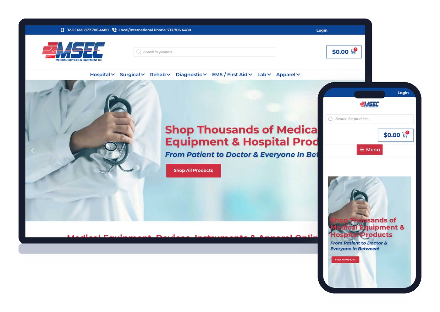 The Medical Supplies and Equipment Company WooCommerce store on a laptop and a phone, with product search, cart and category navigation