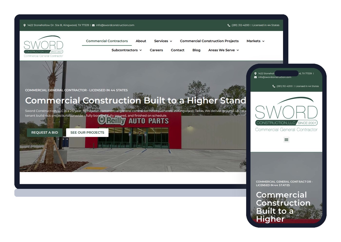 The Sword Construction website on a laptop and a phone, showing the same content and layout adapted for each screen