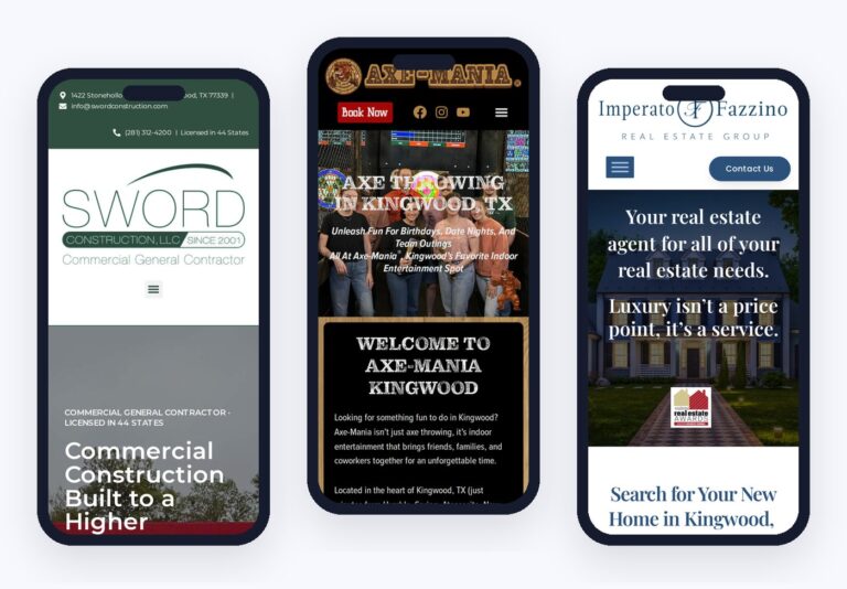 Three phones showing mobile-first websites built by Vertical Web: Sword Construction, Axe Mania Kingwood and Imperato Fazzino Real Estate Group