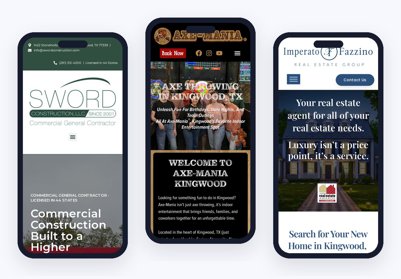 Three phones showing mobile-first websites built by Vertical Web: Sword Construction, Axe Mania Kingwood and Imperato Fazzino Real Estate Group