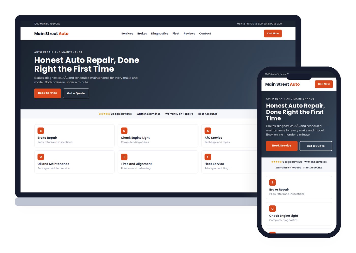 Sample layout of a mobile-first auto repair website on a laptop and a phone, with Book Service and Call Now buttons, reviews and service tiles