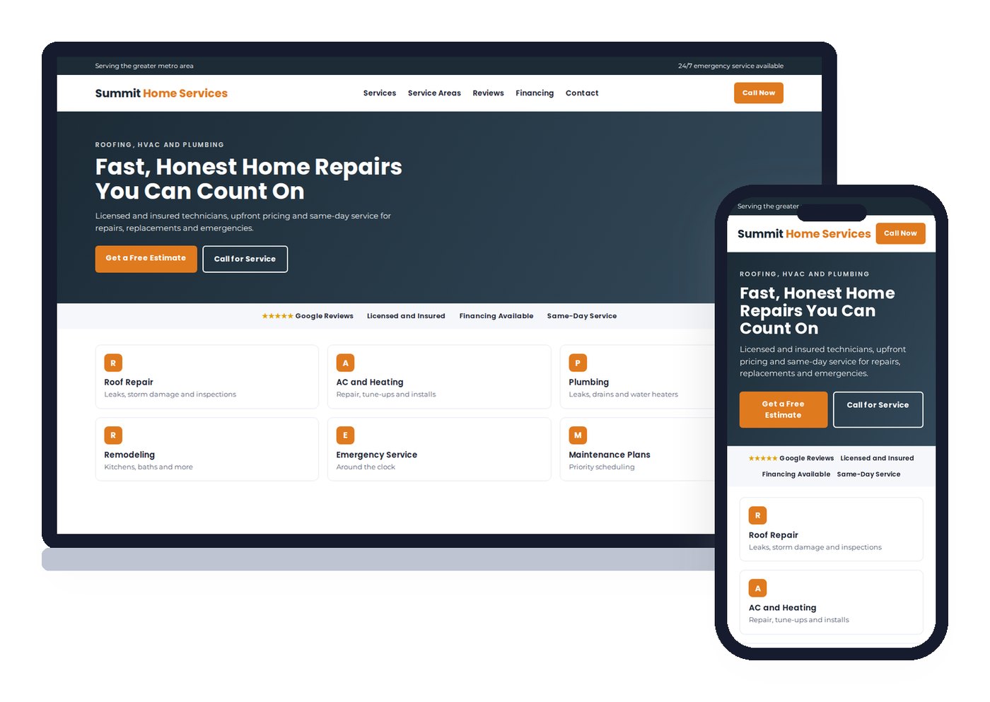 Sample layout of a mobile-first home services contractor website on a laptop and a phone, with free estimate and call buttons