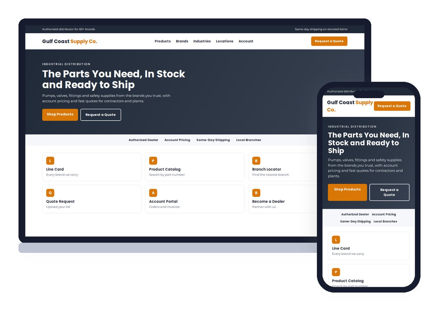 Sample layout of a mobile-first industrial distributor website on a laptop and a phone, with product catalog and quote request