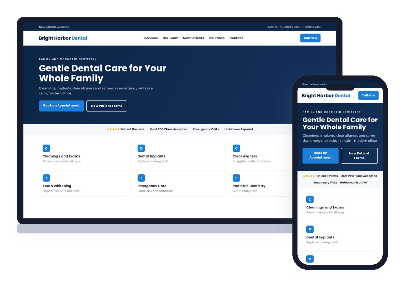 Sample layout of a mobile-first dental practice website on a laptop and a phone, with appointment booking and new patient forms buttons