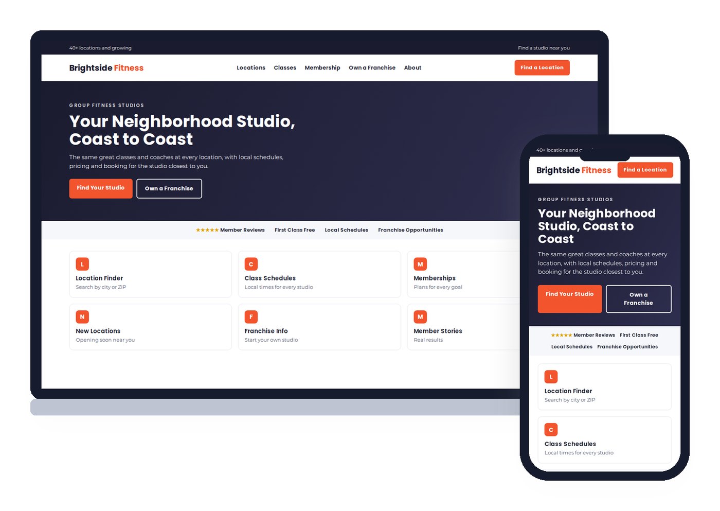 Sample layout of a mobile-first franchise website on a laptop and a phone, with a location finder and franchise opportunities
