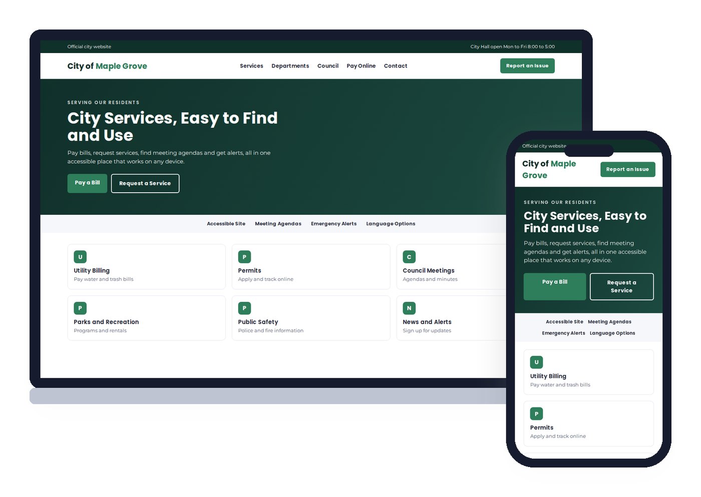 Sample layout of a mobile-first city government website on a laptop and a phone, with online bill pay and service requests