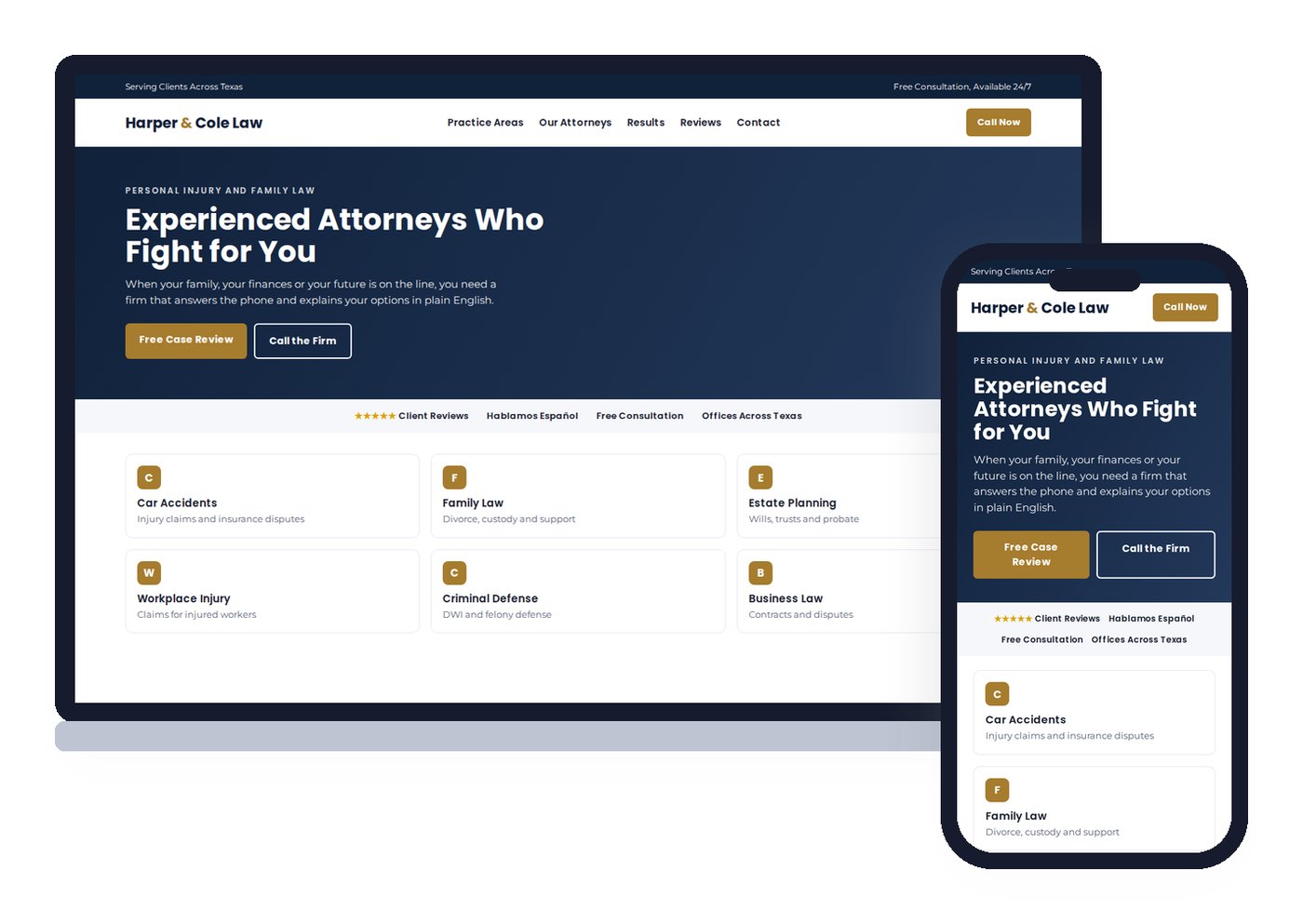 Sample layout of a mobile-first law firm website on a laptop and a phone, with a free case review button, practice areas and client reviews