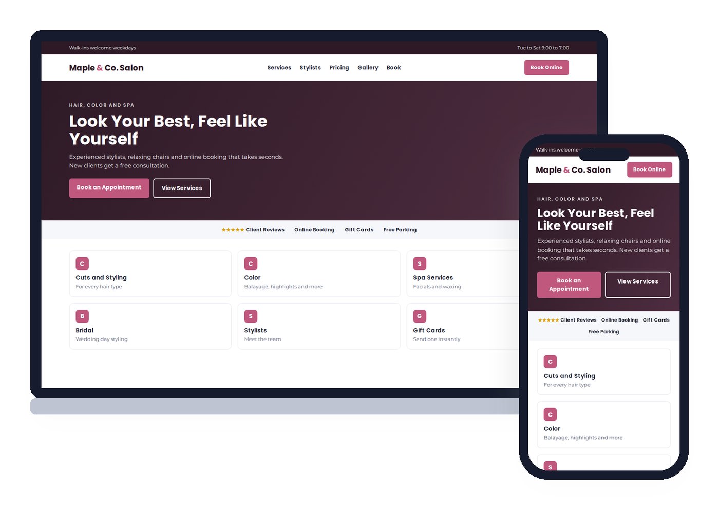 Sample layout of a mobile-first salon website on a laptop and a phone, with online booking and services
