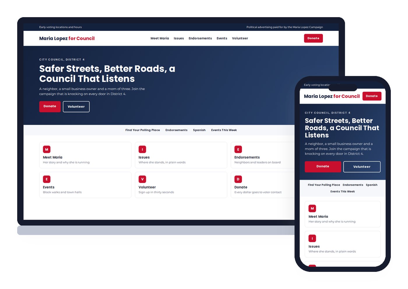 Sample layout of a mobile-first campaign website for a fictional city council candidate, with Donate and Volunteer buttons and a political advertising disclosure