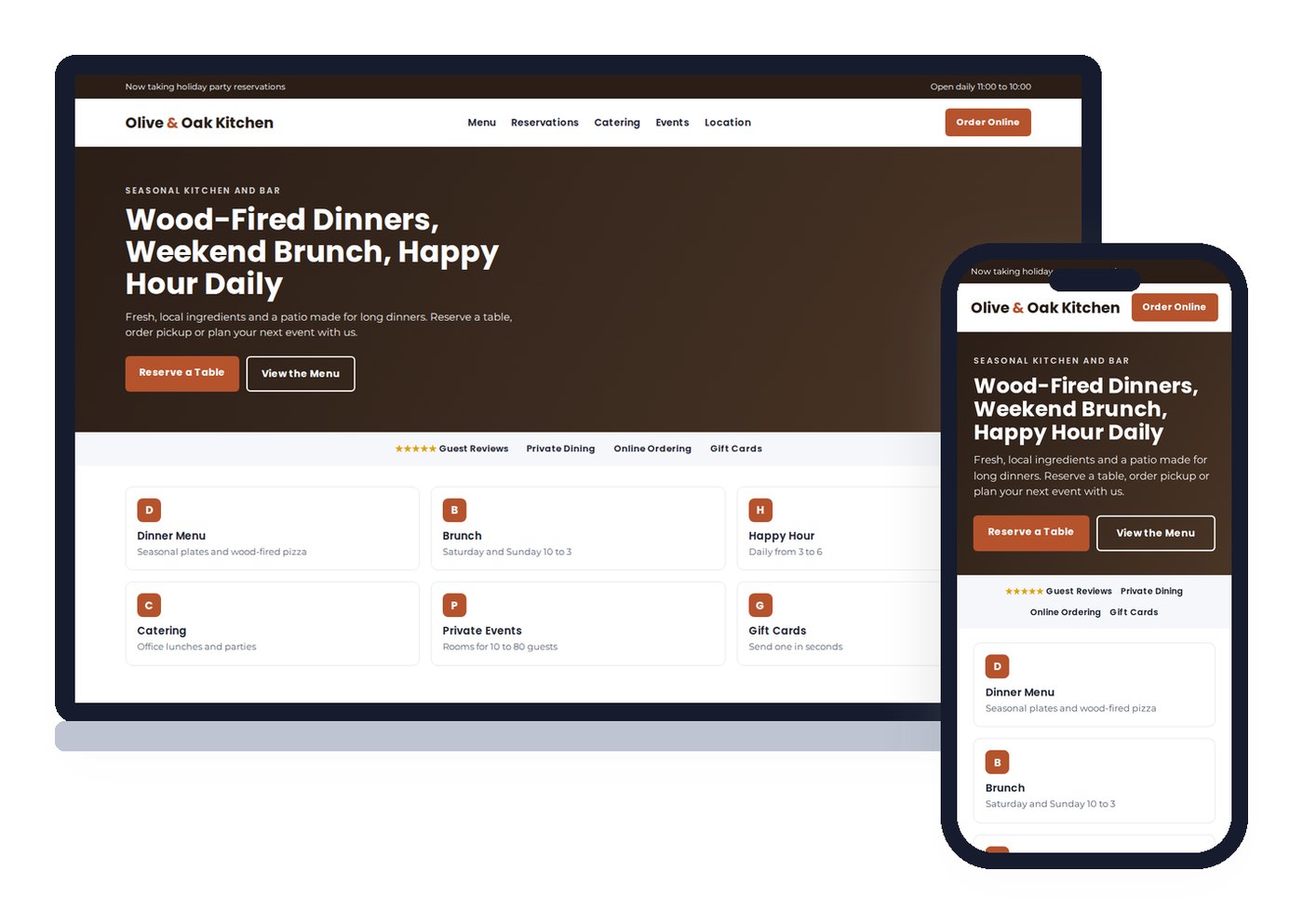 Sample layout of a mobile-first restaurant website on a laptop and a phone, with reservation, menu and online ordering buttons