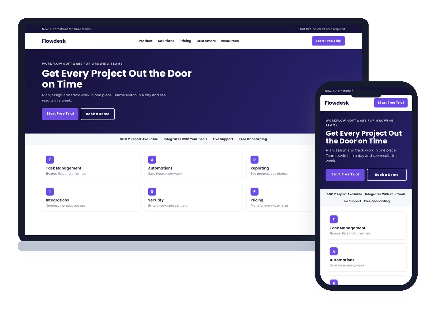 Sample layout of a mobile-first SaaS product website on a laptop and a phone, with free trial and book a demo buttons