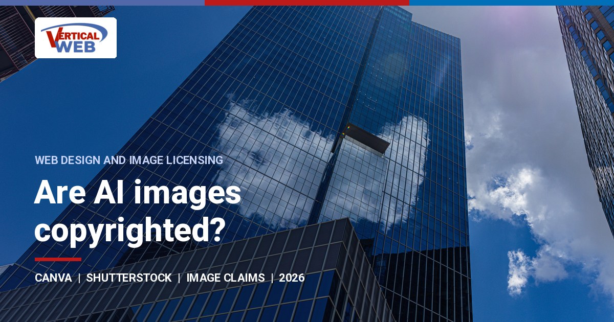 Clouds reflected in a glass office tower in downtown Houston, with the title Are AI images copyrighted