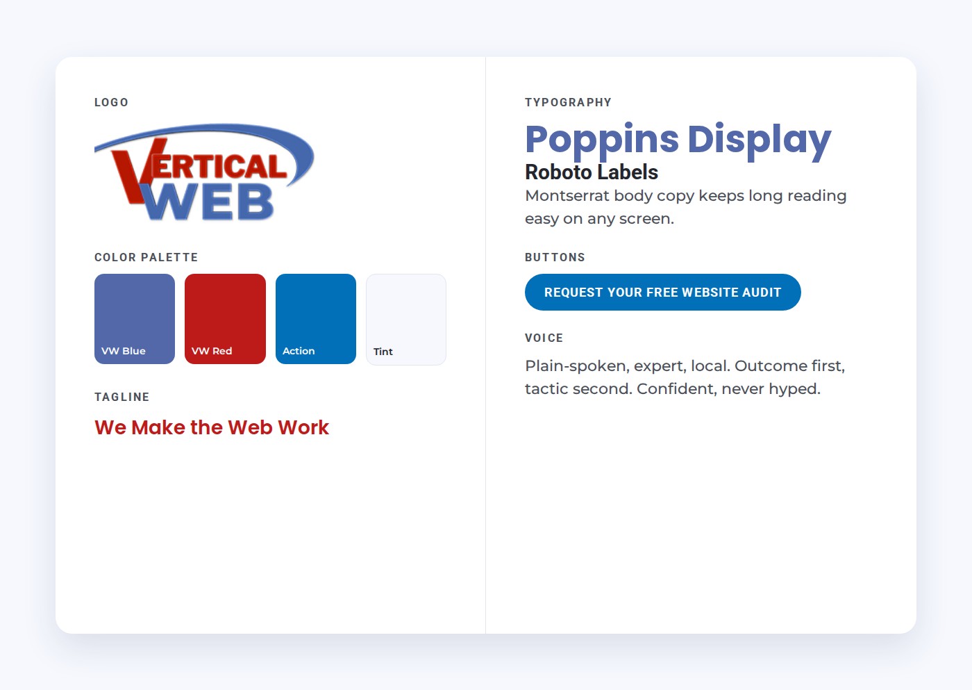 Example brand guide page showing the Vertical Web logo, color palette, typography, button style, tagline and brand voice