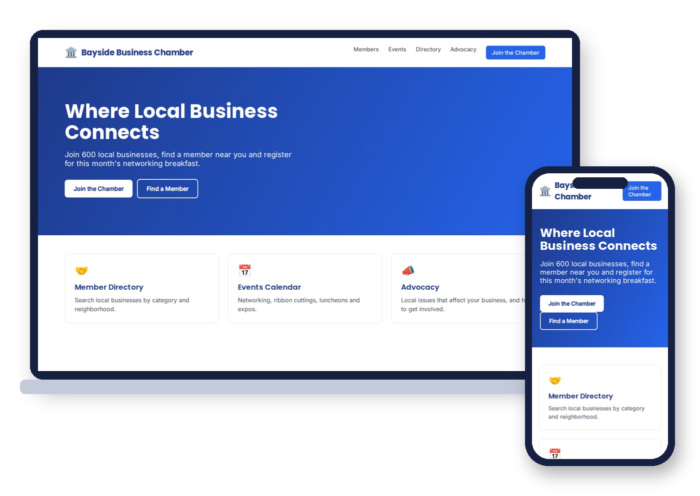 Sample chamber of commerce website design for a fictional business chamber, with join and member directory buttons, an events calendar and advocacy section