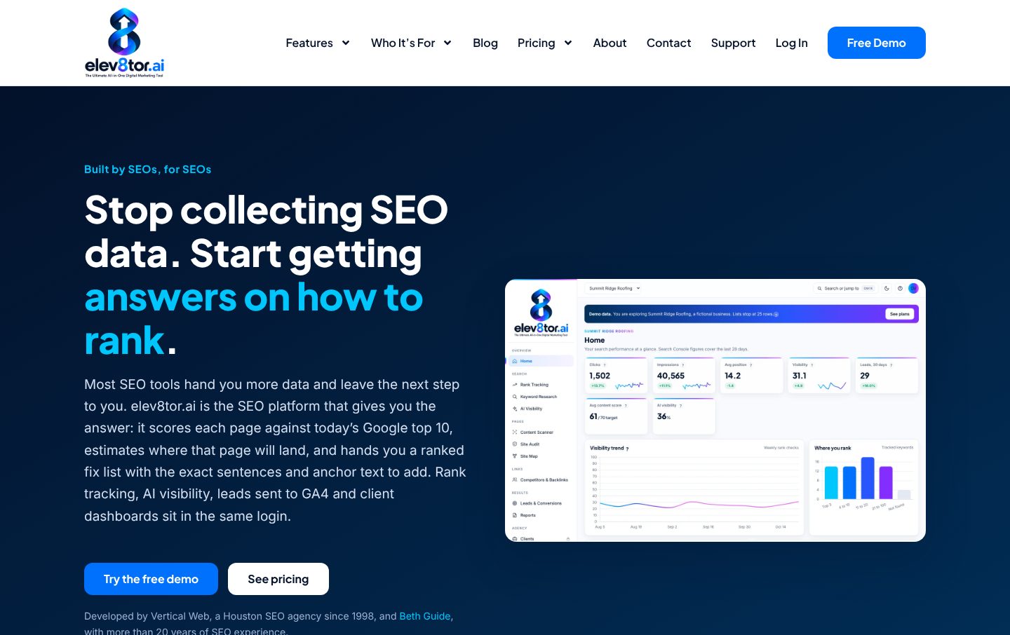 elev8tor.ai SEO platform home page with rank tracking dashboard, designed and developed by Vertical Web