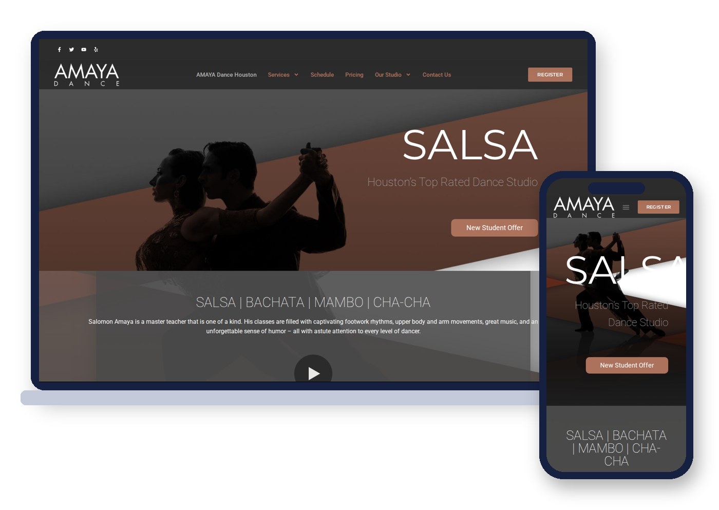 The AMAYA Dance Houston website on a laptop and a phone, with a salsa class hero, schedule, pricing and a new student offer