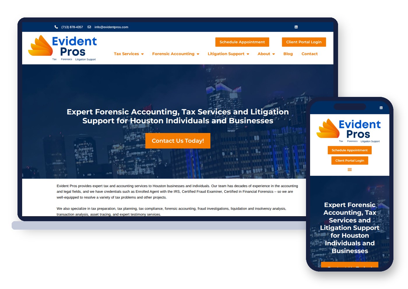 The Evident Pros forensic accounting and tax website on a laptop and a phone, with appointment and client portal buttons in the header