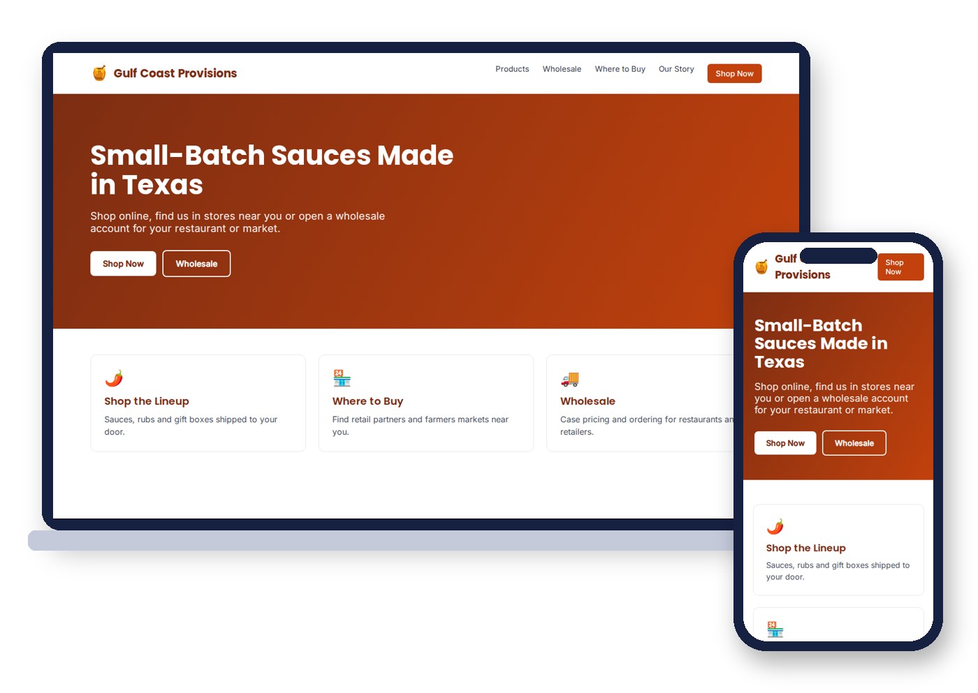 Sample food and beverage website design for a fictional Texas sauce maker, with online shop, where to buy and wholesale sections