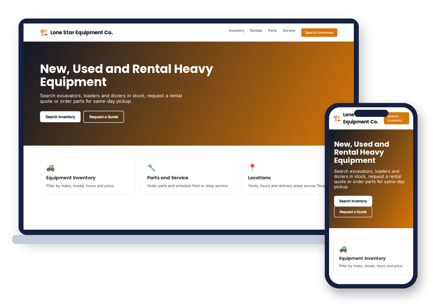 Sample heavy equipment dealer website design for a fictional Texas dealer, with inventory search, rental quotes, parts and service, and yard locations