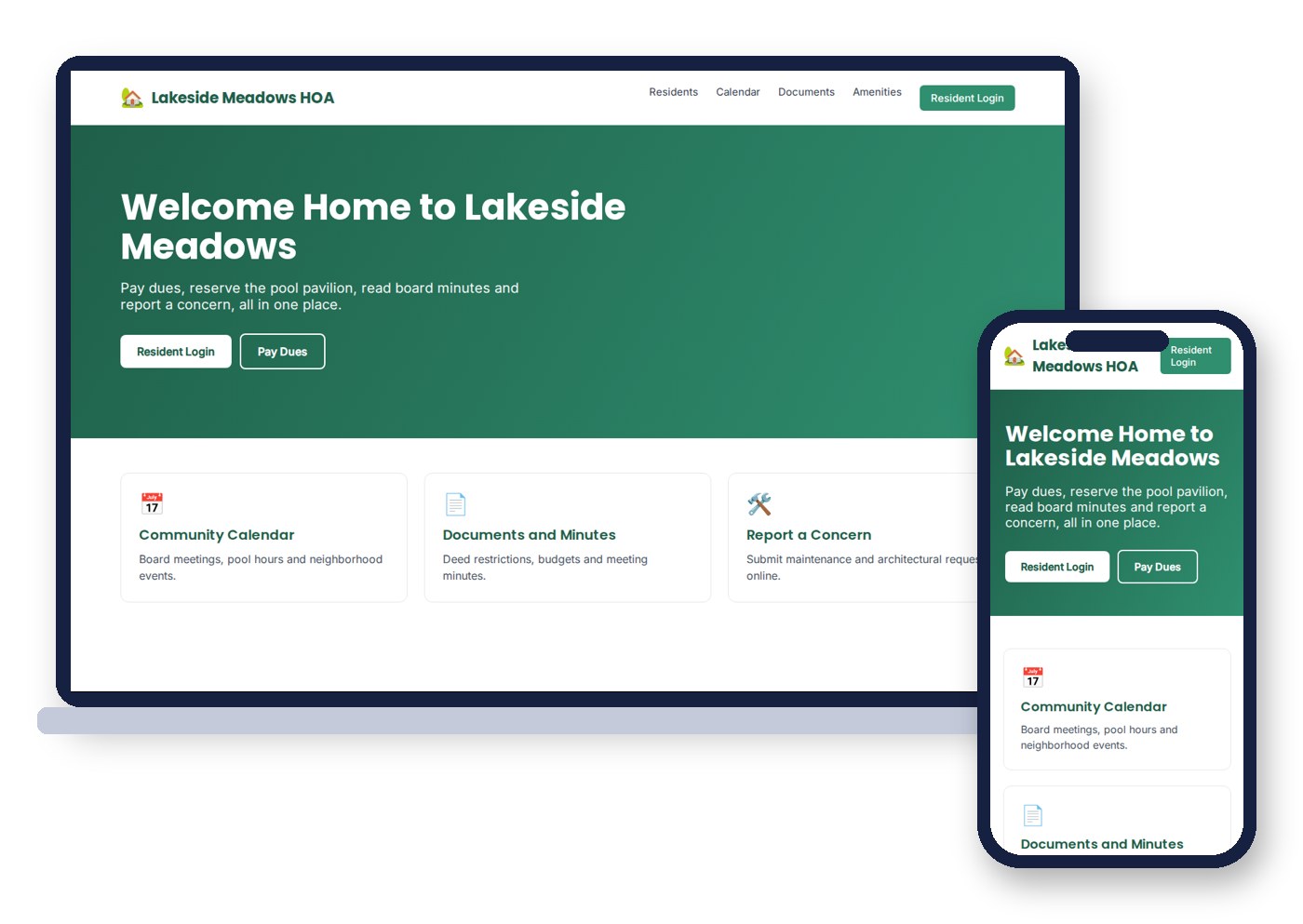 Sample HOA website design for a fictional community association, with resident login, dues payment, calendar, documents and concern reporting