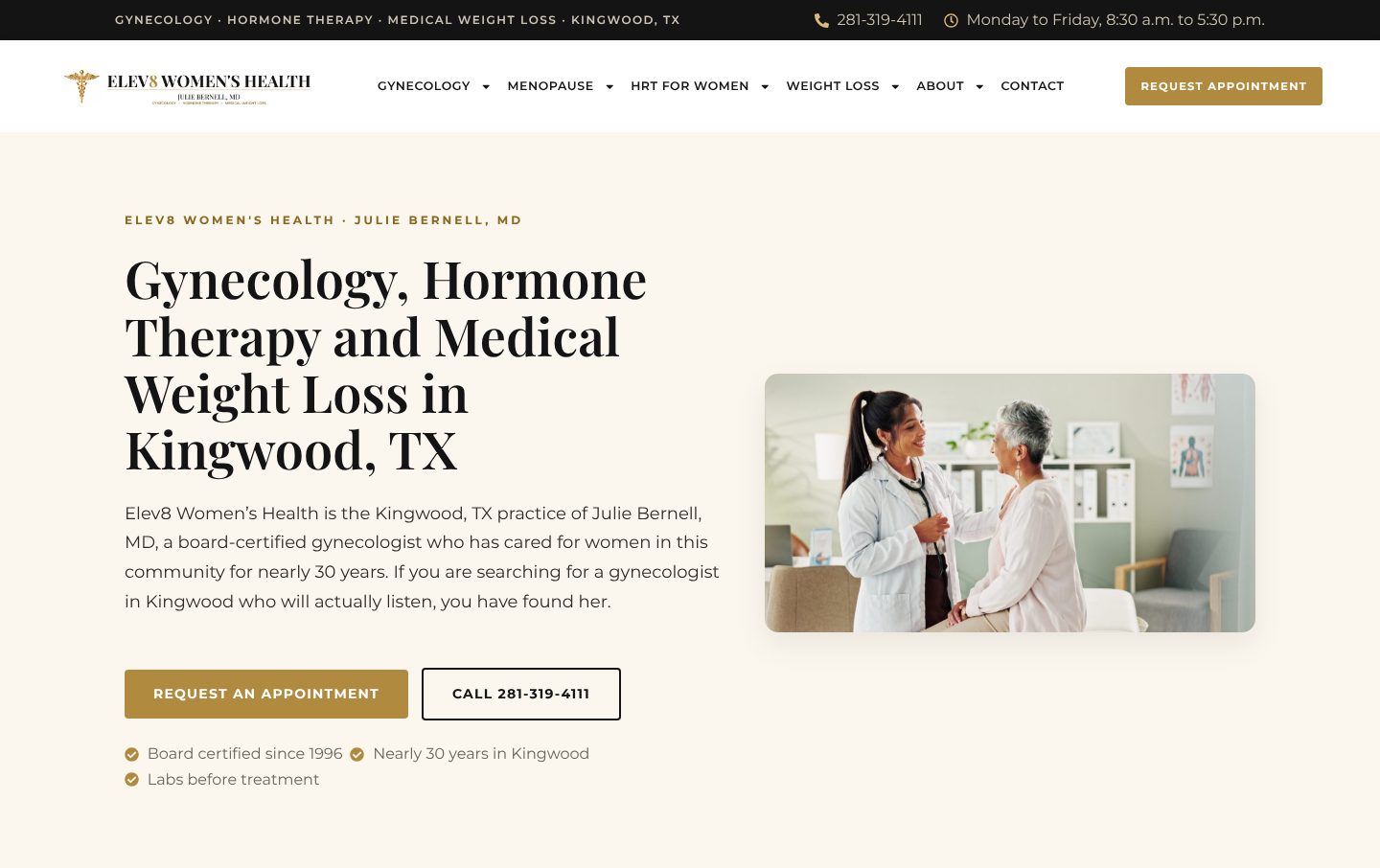 Julie Bernell, MD, Elev8 Women's Health gynecology practice in Kingwood, TX, website home page designed by Vertical Web