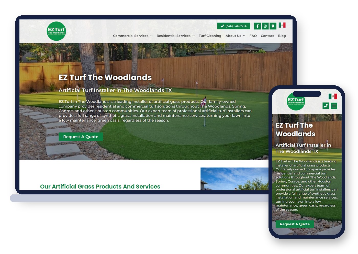 The EZ Turf The Woodlands website on a laptop and a phone, with a clear headline and a Request A Quote button above the fold