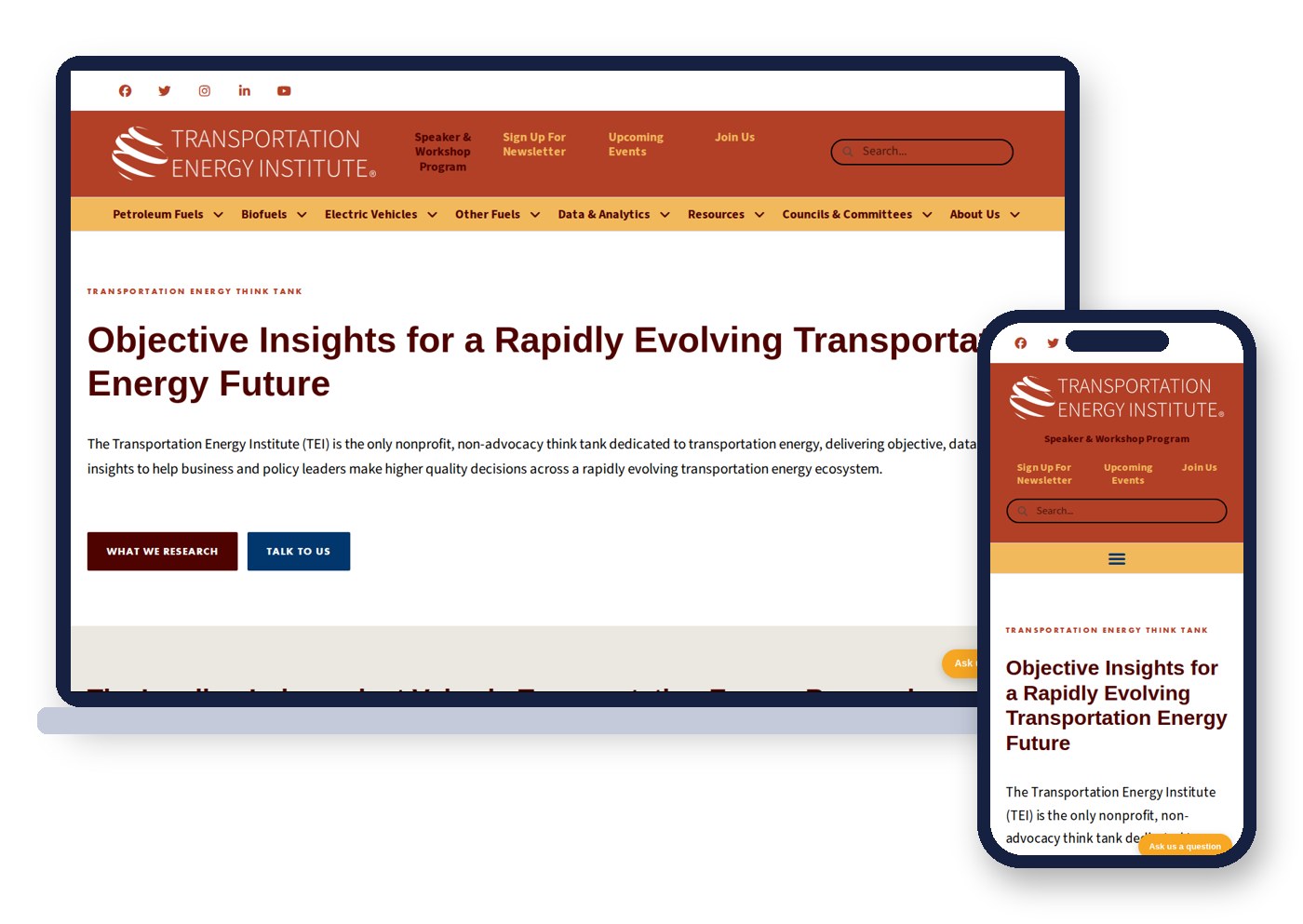 The Transportation Energy Institute website on a laptop and a phone, with research menus for petroleum fuels, biofuels, electric vehicles and data