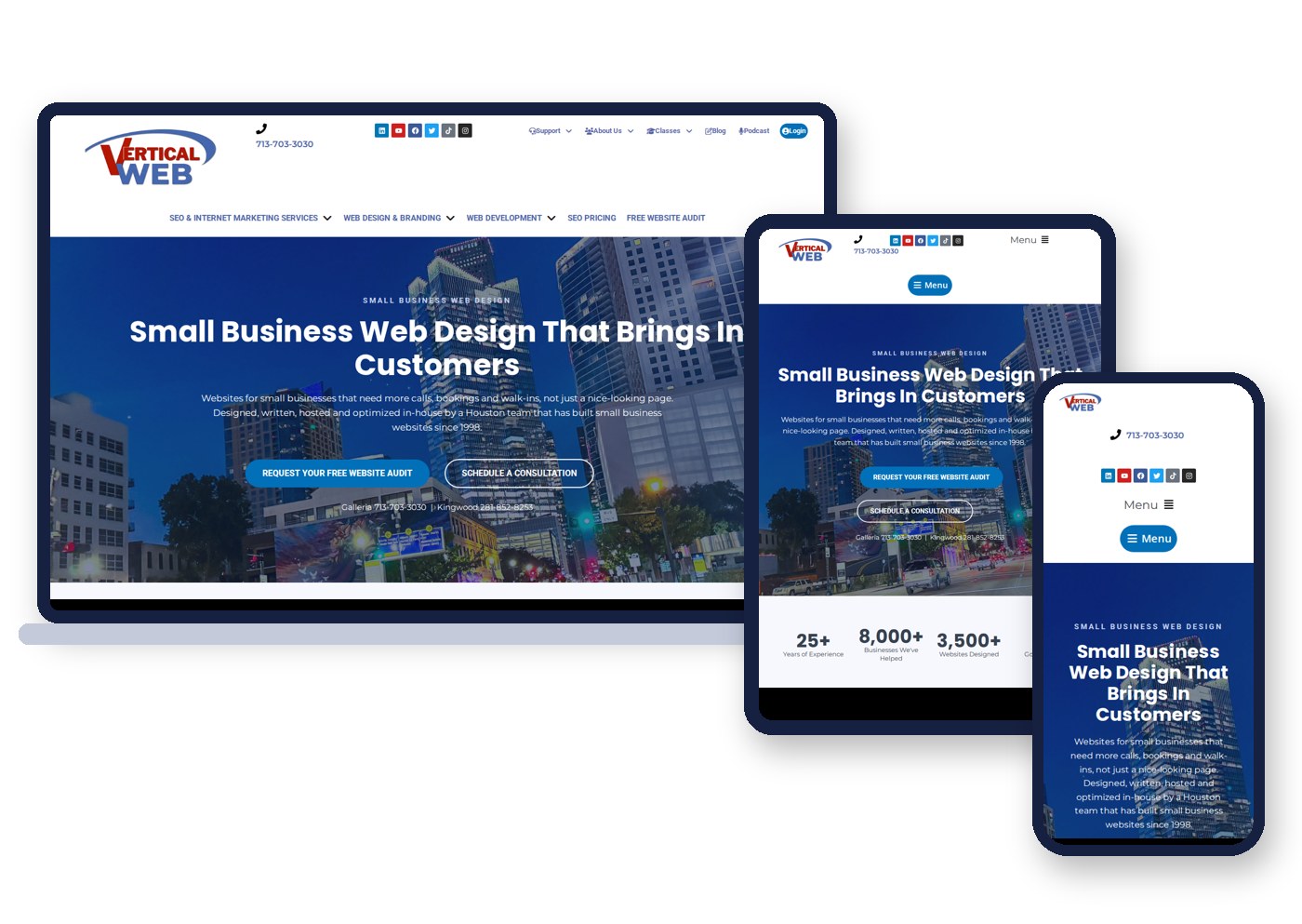 The same Vertical Web page shown on a laptop, a tablet and a phone, with the layout reflowing to fit each screen