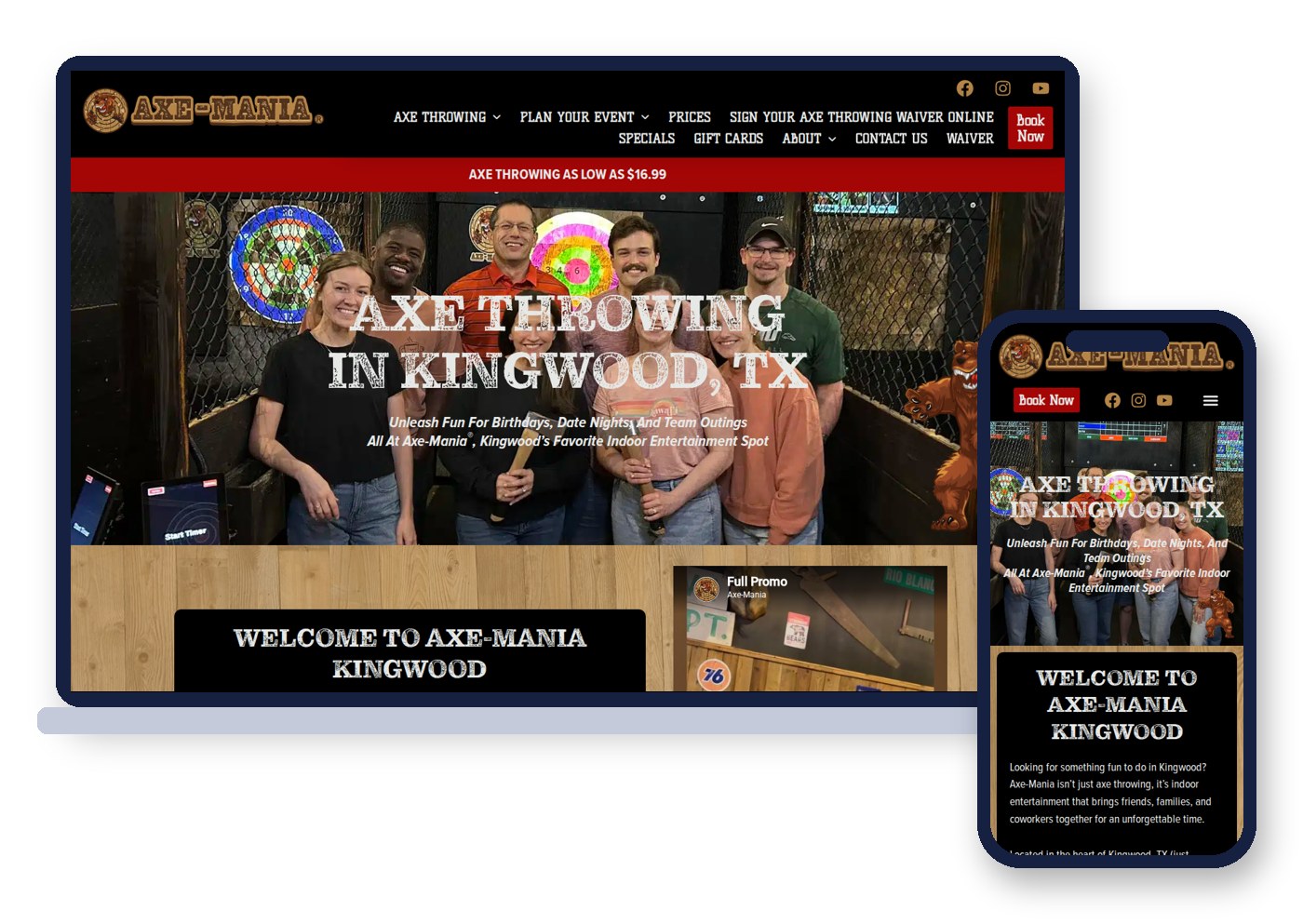 The Axe Mania Kingwood website on a laptop and a phone, with booking buttons, prices and event planning in the main menu
