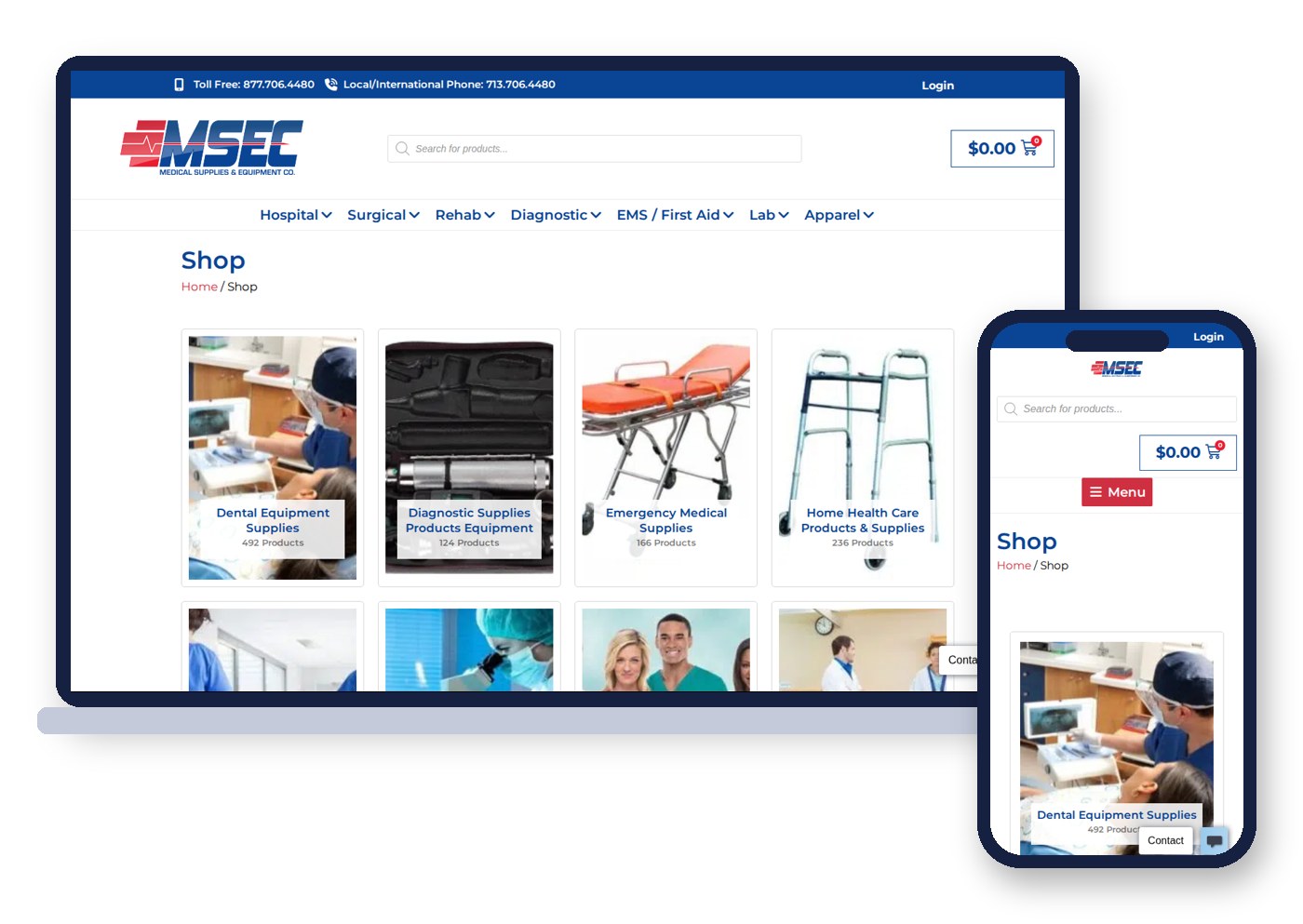 The Medical Supplies and Equipment Company WooCommerce shop on a laptop and a phone, with product categories and product counts