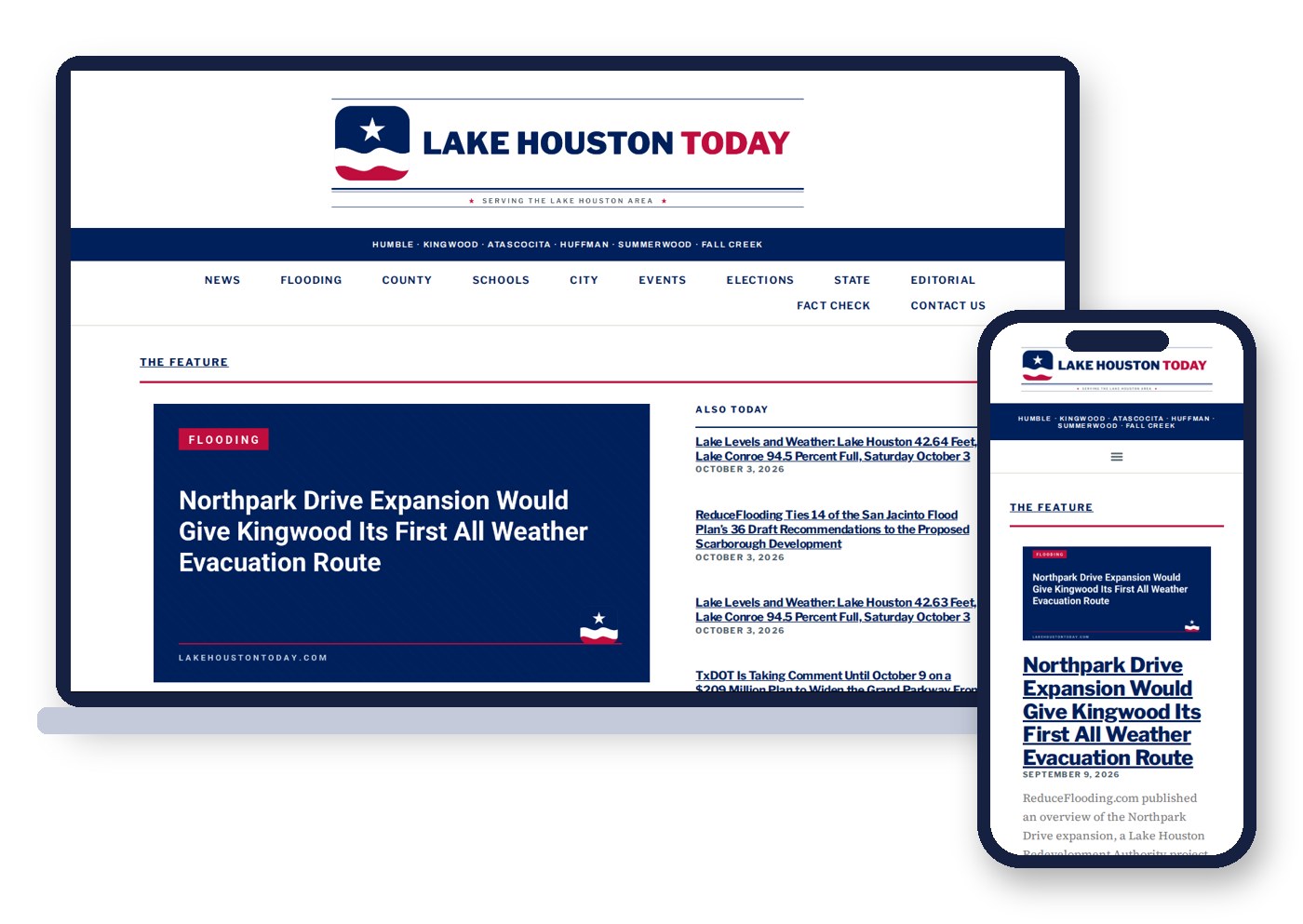 The Lake Houston Today WordPress news website on a laptop and a phone, with section menus, a featured flooding story and a list of the day's headlines